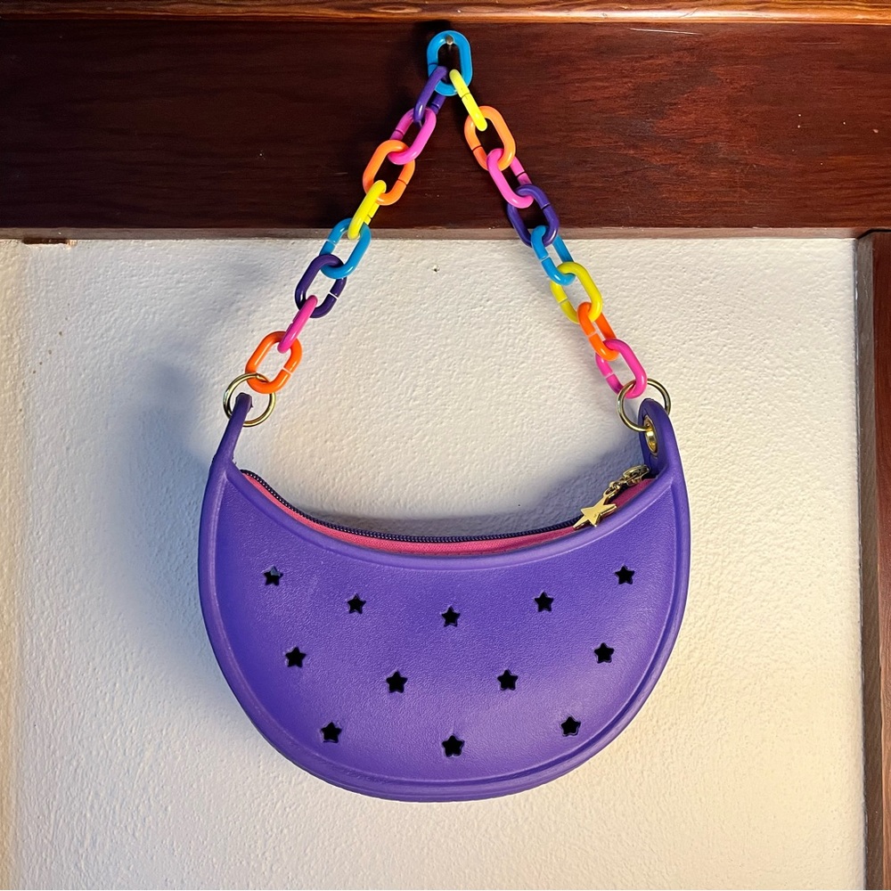 Purple Rainbow Crocs Baguette Shoulder Bag with Star Zipper Charm